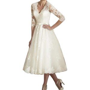 14 ABAO WEDDING DRESS V Neck midi Tea Length ivory